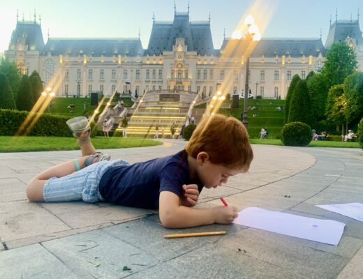 child drawing a castle